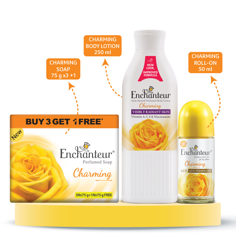 Enchanteur Perfumed Charming Bathing Bar 75gms Pack of 3+1 & Charming Hand and Body Lotion 250ml & Charming Roll-On Deodorant 50ml