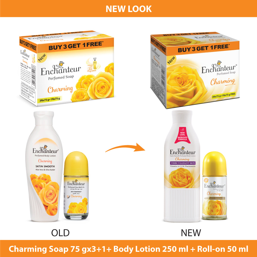 Enchanteur Perfumed Charming Bathing Bar 75gms Pack of 3+1 & Charming Hand and Body Lotion 250ml & Charming Roll-On Deodorant 50ml
