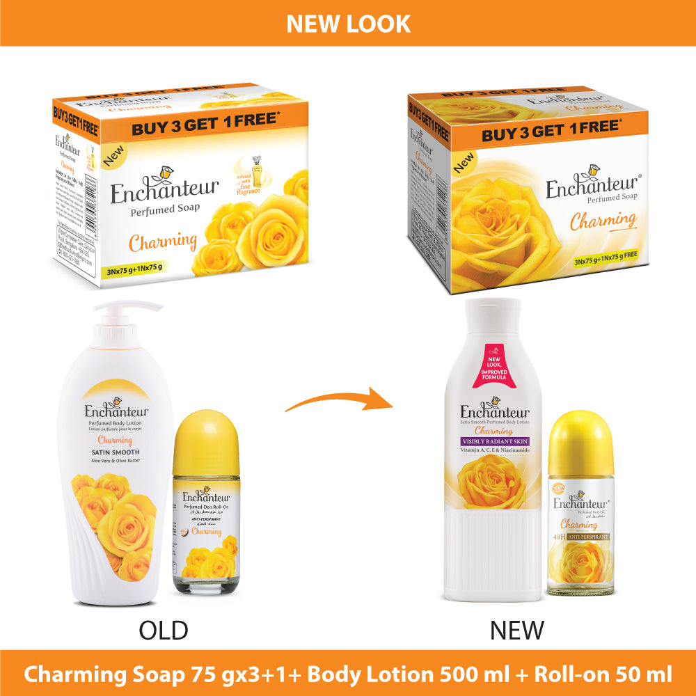 Enchanteur Perfumed Charming Bathing Bar 75gms Pack of 3+1 & Charming Hand and Body Lotion 500ml &  Charming Roll-On Deodorant 50ml