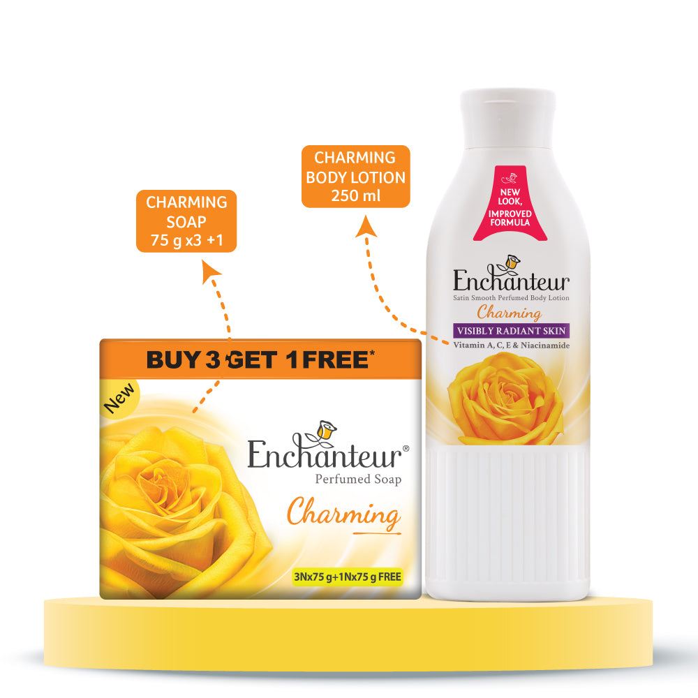 Enchanteur Perfumed Charming Bathing Bar 75gms Pack of 3+1 & Charming Hand and Body Lotion 250ml