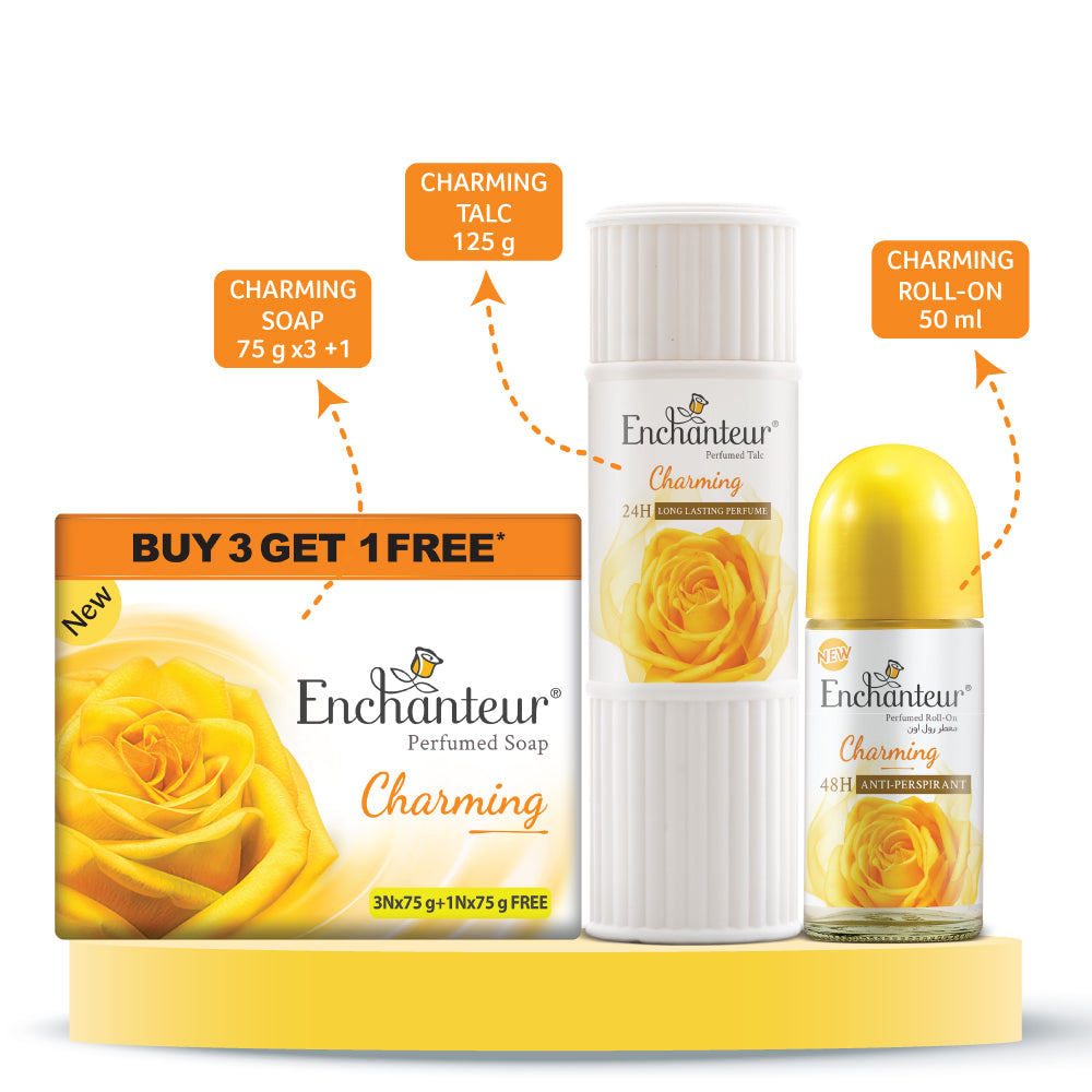 Enchanteur Perfumed Charming Bathing Bar 75gms Pack of 3+1 , Charming Talc 125gms & Charming Roll-On Deodorant 50ml