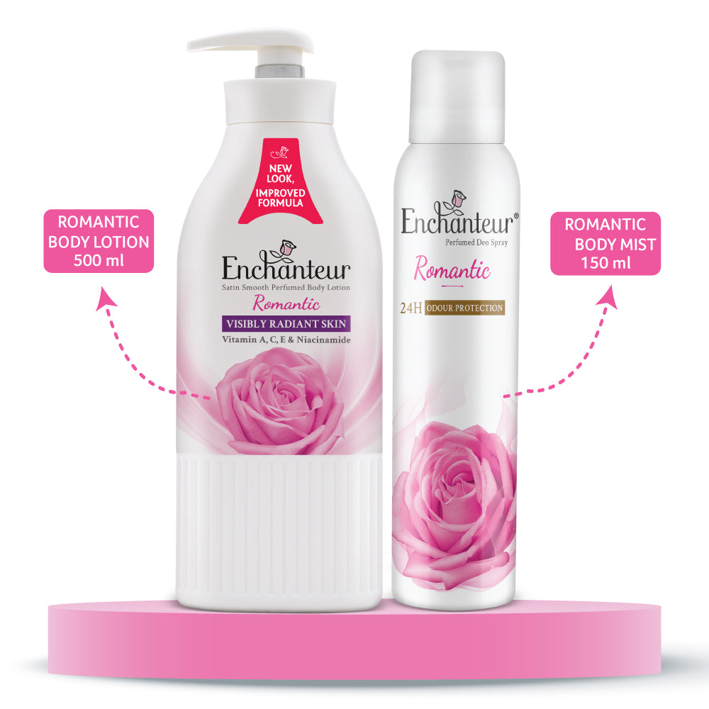 Enchanteur Romantic Hand and Body Lotion, 500ml & Romantic Perfumed Deo Spray 150ml