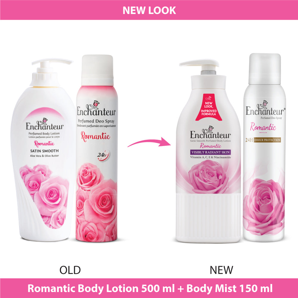 Enchanteur Romantic Hand and Body Lotion, 500ml & Romantic Perfumed Deo Spray 150ml