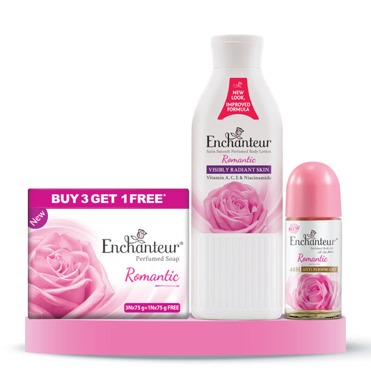 Enchanteur Perfumed Romantic Bathing Bar 75gms Pack of 3+1 & Romantic Hand and Body Lotion 250ml & Romantic Roll-On Deodorant 50ml