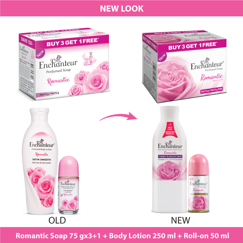 Enchanteur Perfumed Romantic Bathing Bar 75gms Pack of 3+1 & Romantic Hand and Body Lotion 250ml & Romantic Roll-On Deodorant 50ml