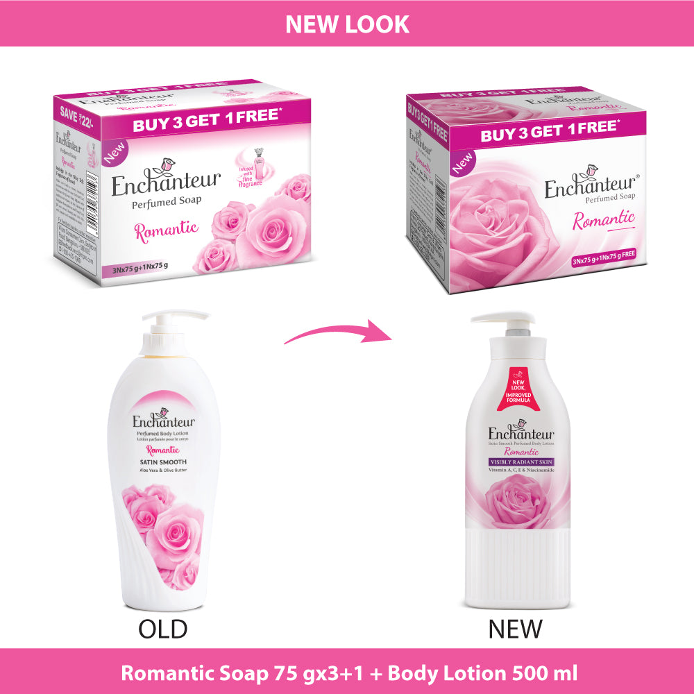 Enchanteur Perfumed Romantic Bathing Bar 75gms Pack of 3+1 & Romantic Hand and Body Lotion 500ml