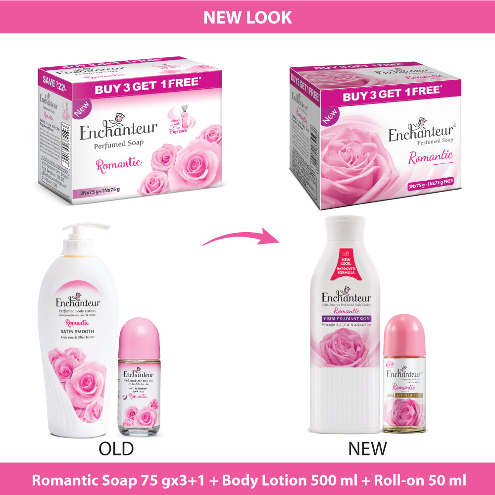 Enchanteur Perfumed Romantic Bathing Bar 75gms Pack of 3+1 & Romantic Hand and Body Lotion 500ml &  Romantic Roll-On Deodorant 50ml