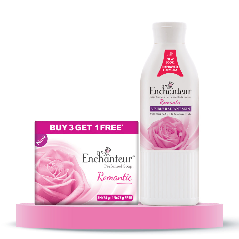 Enchanteur Perfumed Romantic Bathing Bar 75gms Pack of 3+1 Romantic Hand and Body Lotion 250ml