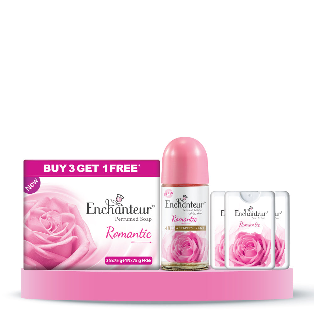 Enchanteur Perfumed Romantic Bathing Bar 75gms Pack of 3+1 & Romantic Roll-On Deodorant 50ml & Romantic Pocket Perfume, 18ml (Pack of 3)