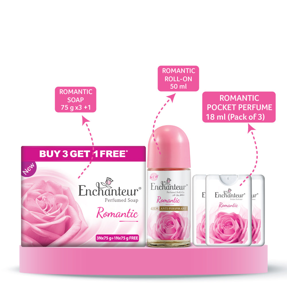 Enchanteur Perfumed Romantic Bathing Bar 75gms Pack of 3+1 & Romantic Roll-On Deodorant 50ml & Romantic Pocket Perfume, 18ml (Pack of 3)