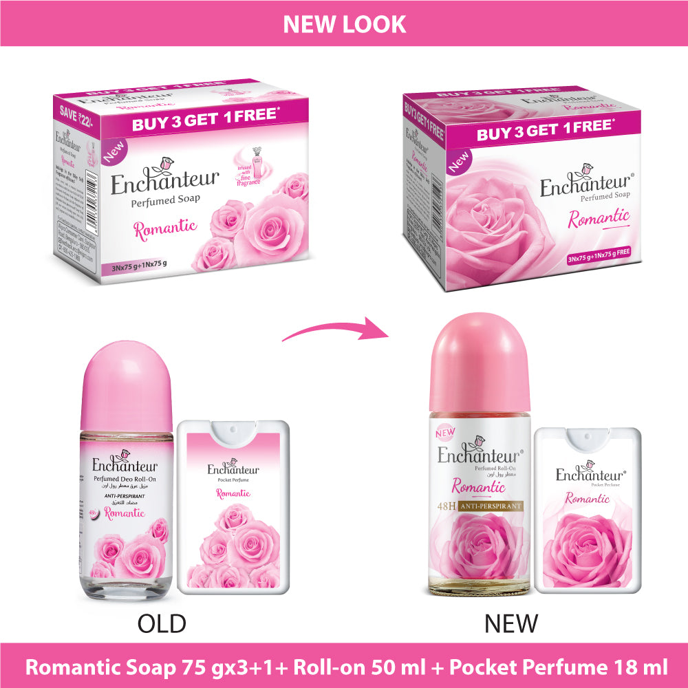Enchanteur Perfumed Romantic Bathing Bar 75gms Pack of 3+1 & Romantic Roll-On Deodorant 50ml & Romantic Pocket Perfume, 18ml (Pack of 3)