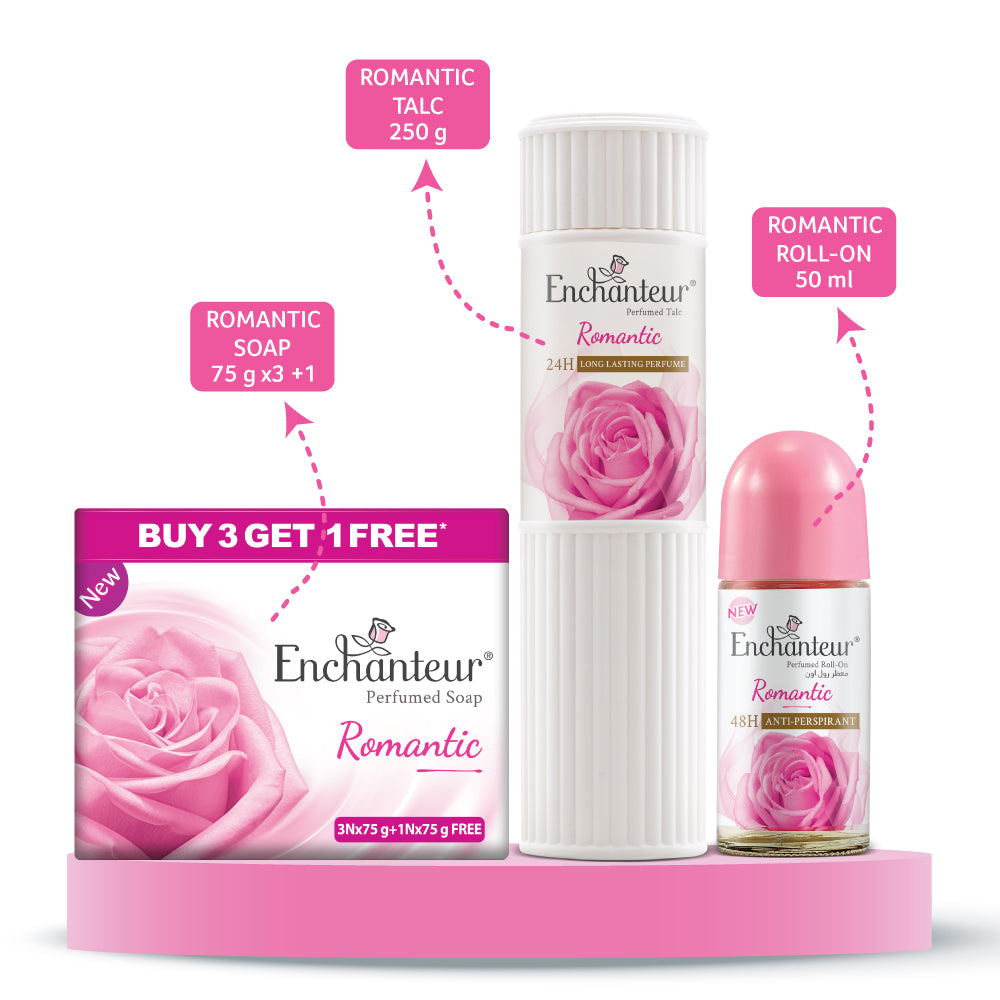Enchanteur Perfumed Romantic Bathing Bar 75gms Pack of 3+1 , Romantic Talc 250gms & Romantic Roll-On Deodorant 50ml