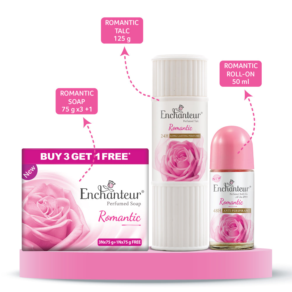 Enchanteur Perfumed Romantic Bathing Bar 75gms Pack of 3+1 , Romantic Talc 125gms & Romantic Roll-On Deodorant 50ml
