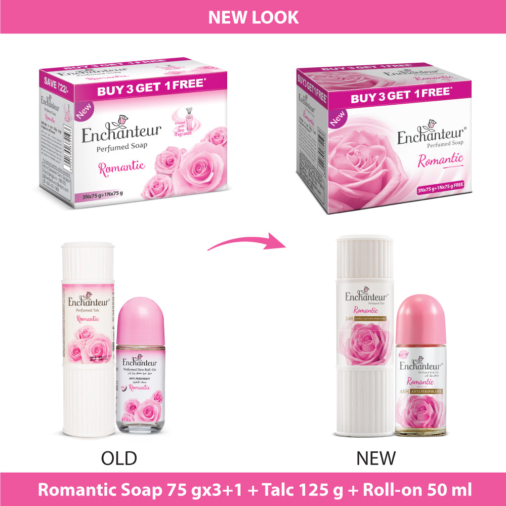 Enchanteur Perfumed Romantic Bathing Bar 75gms Pack of 3+1 , Romantic Talc 125gms & Romantic Roll-On Deodorant 50ml