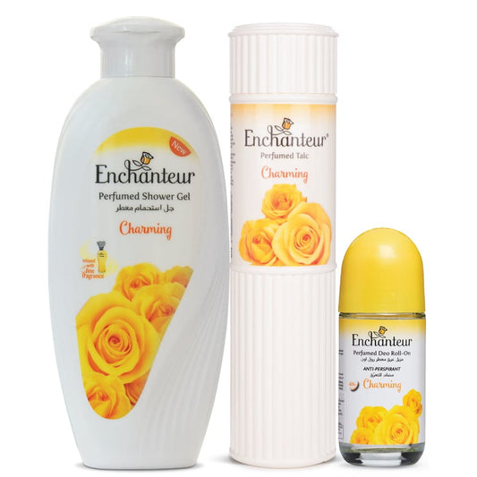 Enchanteur Charming Shower gel 250gms, Charming Talc 250gms & Charming Roll-On Deodorant, 50ml By Enchanteur