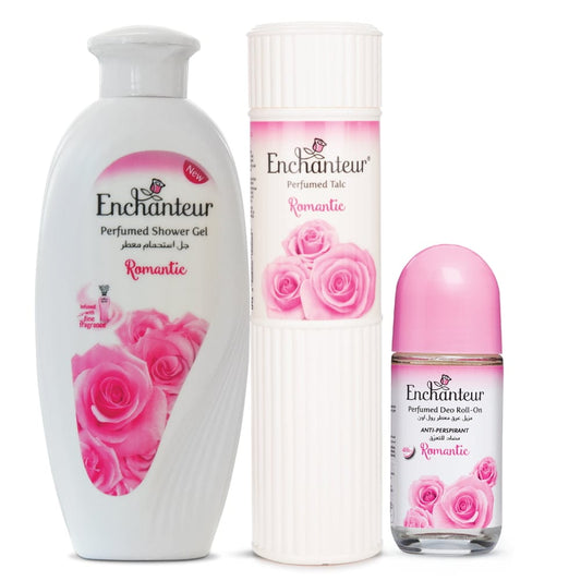 Enchanteur Romantic Shower gel 250gms, Romantic Talc 250gms & Romantic Roll-On Deodorant, 50ml By Enchanteur
