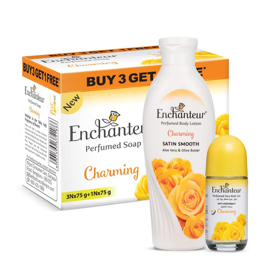 Enchanteur Perfumed Charming Bathing Bar 75gms Pack of 3+1 & Charming Hand and Body Lotion 250ml &  Charming Roll-On Deodorant 50ml By Enchanteur