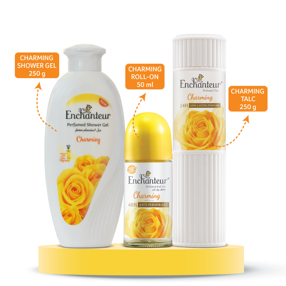 Enchanteur Charming Shower gel 250gms, Charming Talc 250gms & Charming Roll-On Deodorant, 50ml