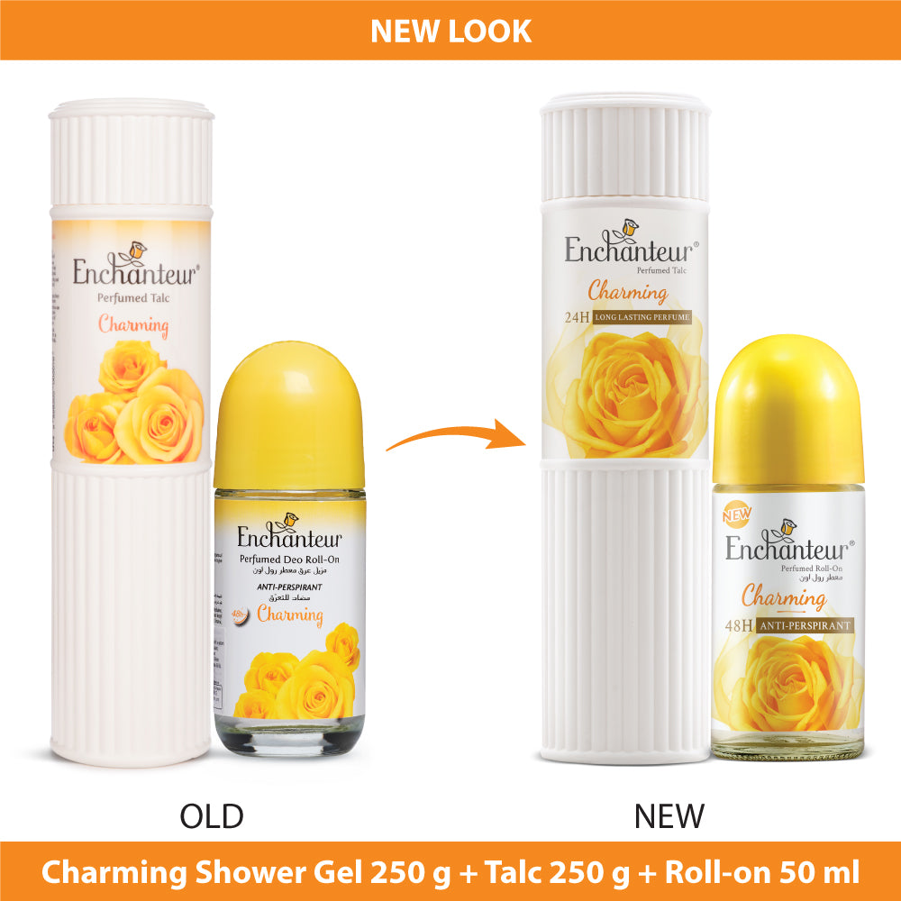 Enchanteur Charming Shower gel 250gms, Charming Talc 250gms & Charming Roll-On Deodorant, 50ml