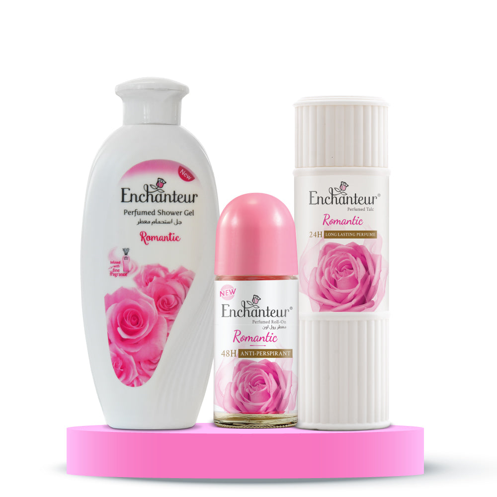 Enchanteur Romantic Shower gel 250gms, Romantic Talc 125gms & Romantic Roll-On Deodorant, 50ml