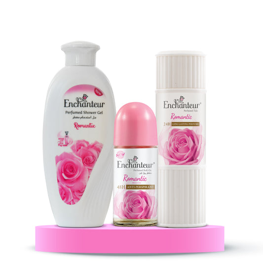 Enchanteur Romantic Shower gel 250gms, Romantic Talc 125gms & Romantic Roll-On Deodorant, 50ml