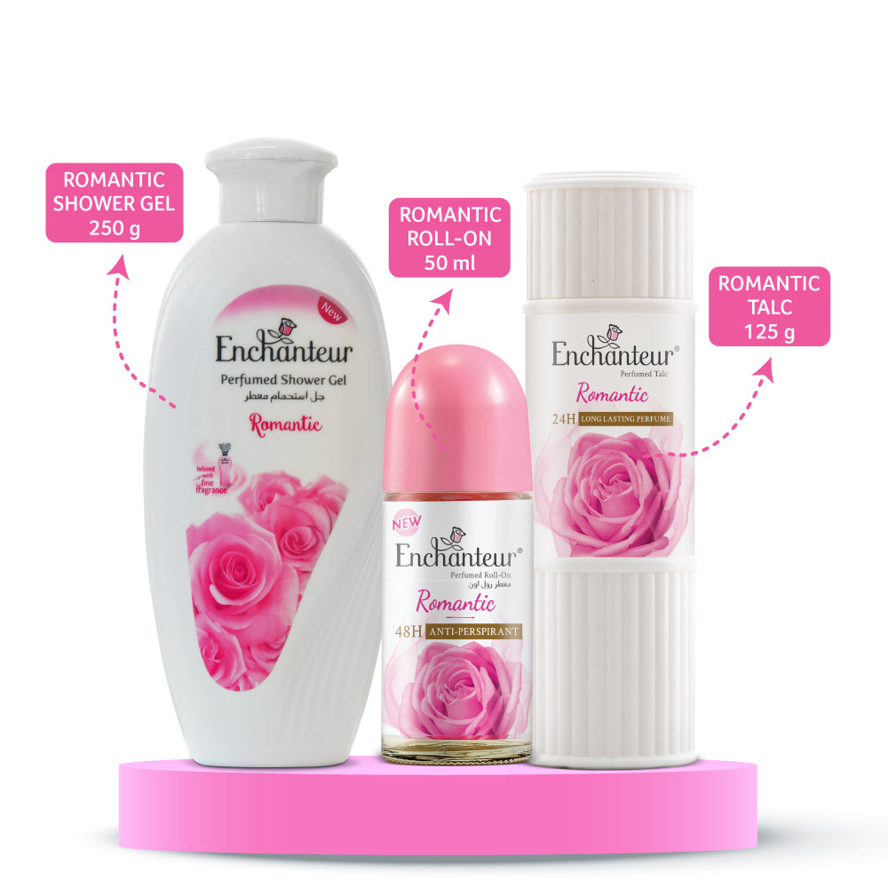 Enchanteur Romantic Shower gel 250gms, Romantic Talc 125gms & Romantic Roll-On Deodorant, 50ml