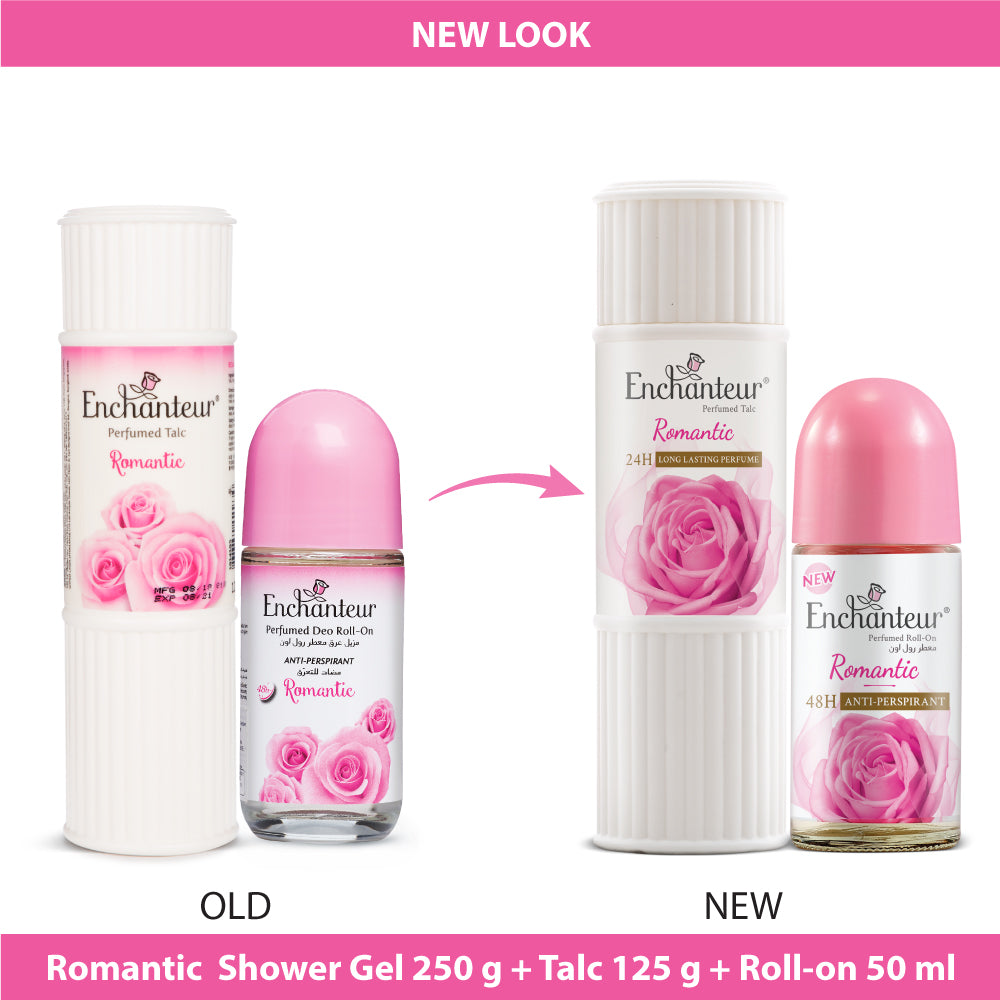 Enchanteur Romantic Shower gel 250gms, Romantic Talc 125gms & Romantic Roll-On Deodorant, 50ml