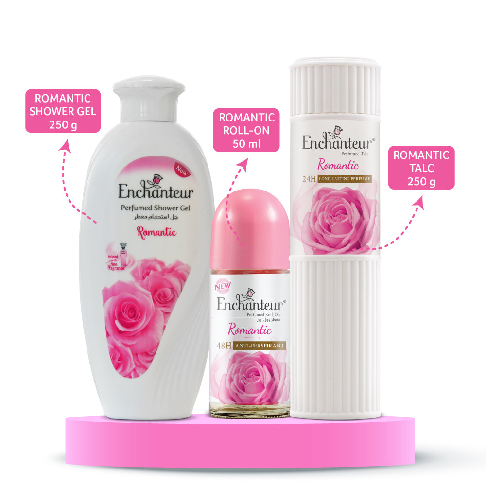 Enchanteur Romantic Shower gel 250gms, Romantic Talc 250gms & Romantic Roll-On Deodorant, 50ml
