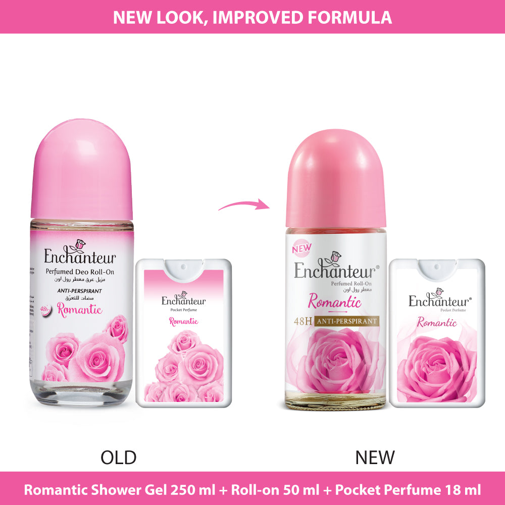 Enchanteur Romantic Shower gel 250gms & Romantic Roll-On Deodorant 50ml & Romantic Pocket Perfume, 18ml (Pack of 3)