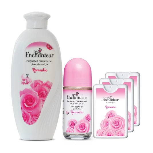Enchanteur Romantic Shower gel 250gms & Romantic Roll-On Deodorant 50ml & Romantic Pocket Perfume, 18ml (Pack of 3) By Enchanteur