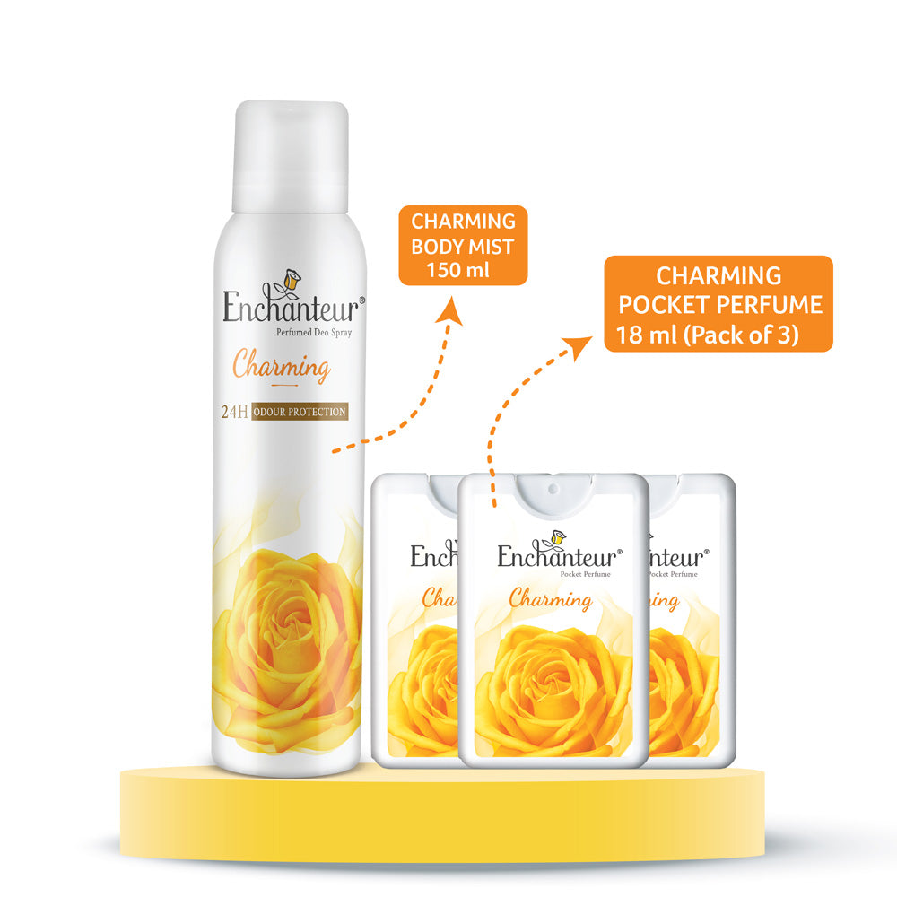 Enchanteur Charming Perfumed Deo Spray 150ml & Charming Pocket Perfume, 18ml (Pack of 3)