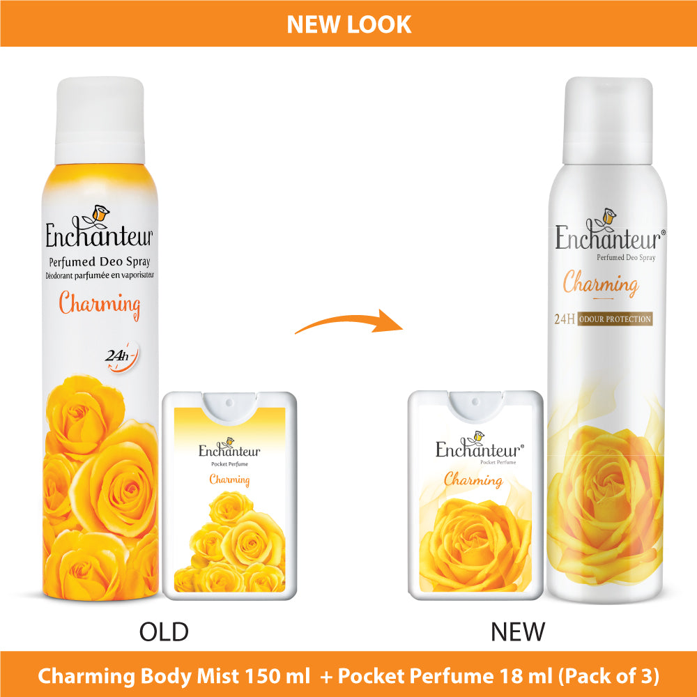 Enchanteur Charming Perfumed Deo Spray 150ml & Charming Pocket Perfume, 18ml (Pack of 3)