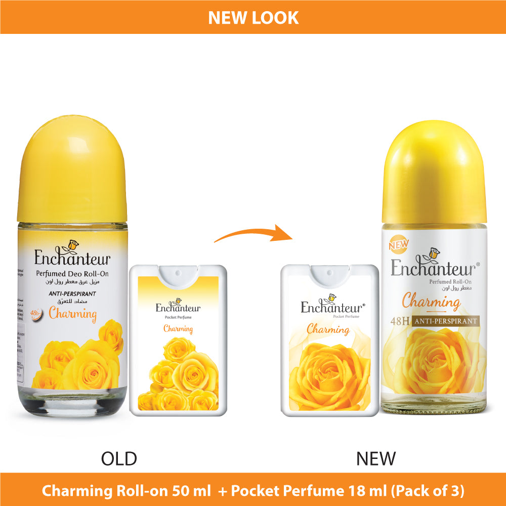Enchanteur Charming Roll-On Deodorant 50ml & Charming Pocket Perfume, 18ml (Pack of 3)