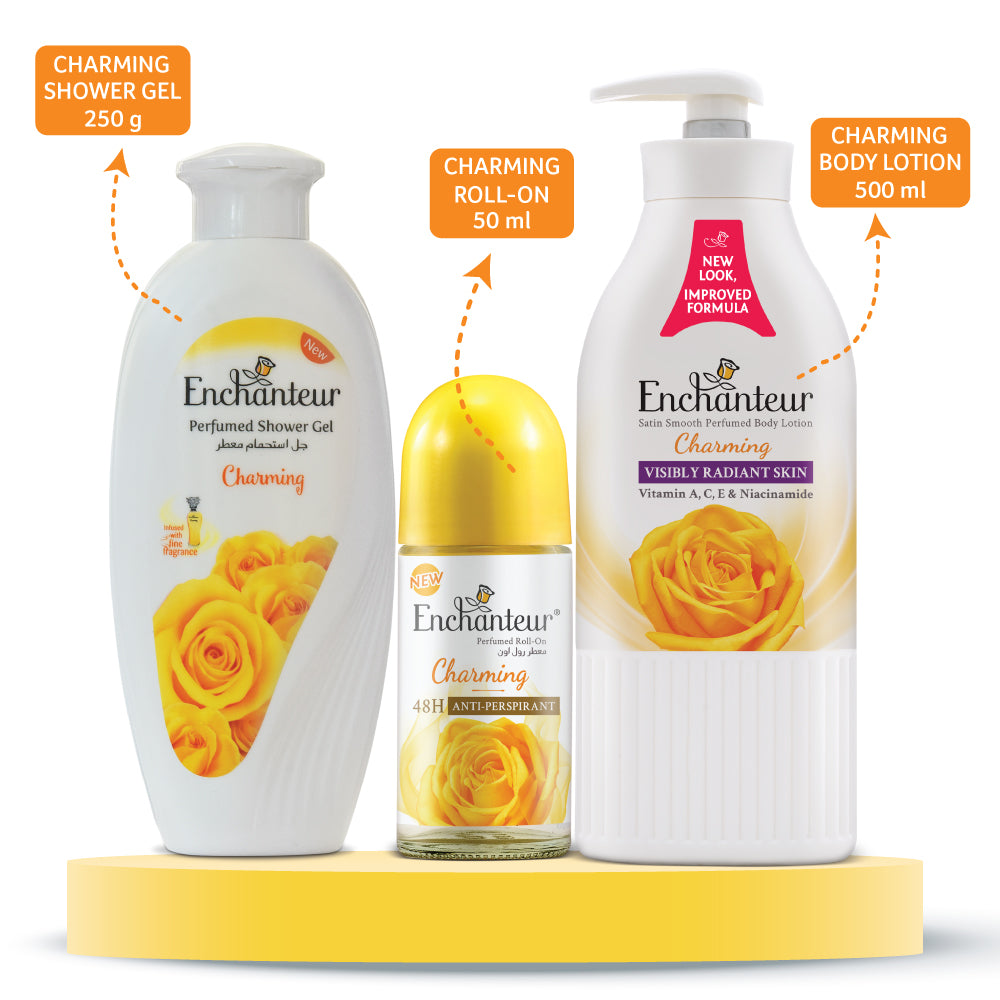 Enchanteur Charming Shower gel 250gms & Charming Hand and Body Lotion 500ml & Charming Roll-On Deodorant 50ml