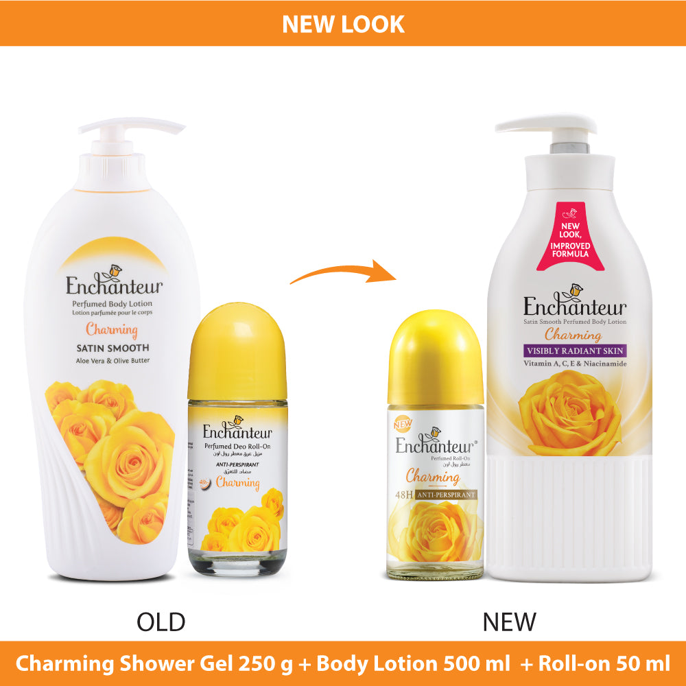 Enchanteur Charming Shower gel 250gms & Charming Hand and Body Lotion 500ml & Charming Roll-On Deodorant 50ml