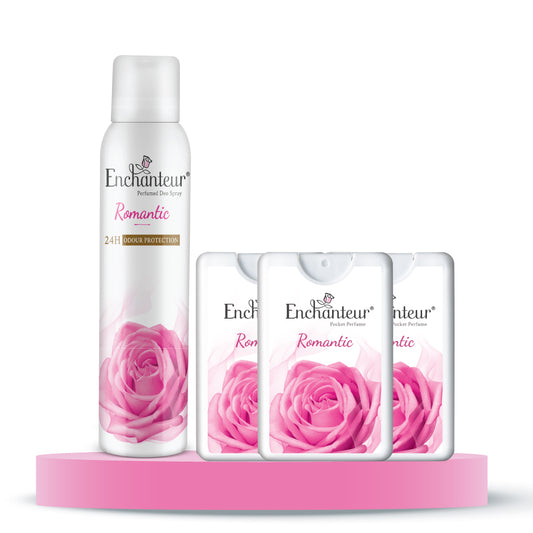 Enchanteur Romantic Perfumed Deo Spray 150ml & Romantic Pocket Perfume, 18ml (Pack of 3)