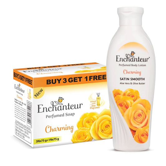 Enchanteur Perfumed Charming Bathing Bar 75gms Pack of 3+1 & Charming Hand and Body Lotion 250ml By Enchanteur