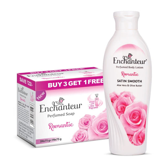 Enchanteur Perfumed Romantic Bathing Bar 75gms Pack of 3+1 & Romantic Hand and Body Lotion 250ml By Enchanteur