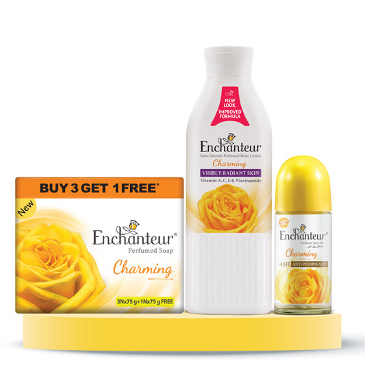 Enchanteur Perfumed Charming Bathing Bar 75gms Pack of 3+1 & Charming Hand and Body Lotion 250ml &  Charming Roll-On Deodorant 50ml