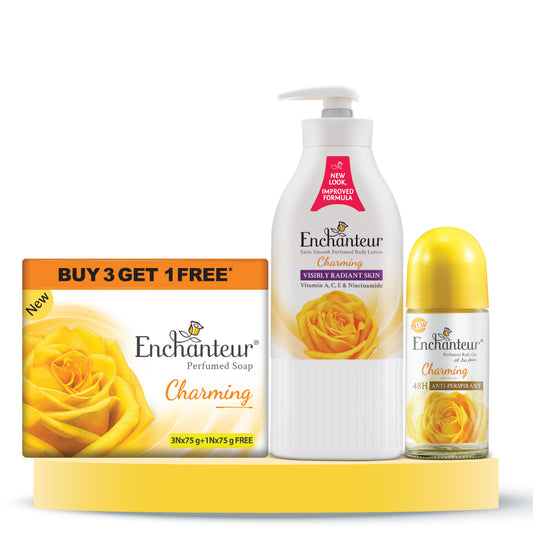 Enchanteur Perfumed Charming Bathing Bar 75gms Pack of 3+1 & Charming Hand and Body Lotion 500ml &  Charming Roll-On Deodorant 50ml