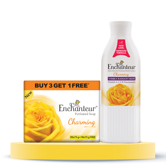 Enchanteur Perfumed Charming Bathing Bar 75gms Pack of 3+1 & Charming Hand and Body Lotion 250ml