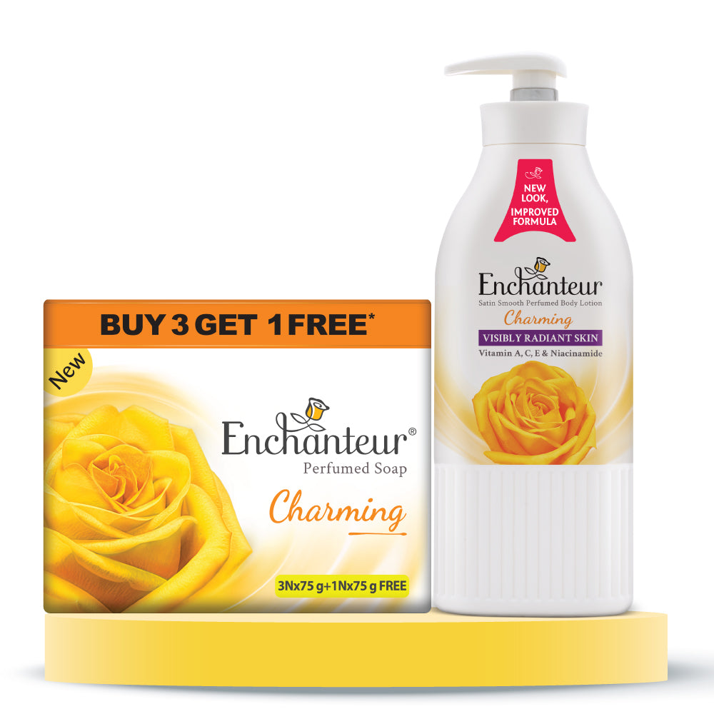 Enchanteur Perfumed Charming Bathing Bar 75gms Pack of 3+1 & Charming Hand and Body Lotion 500ml