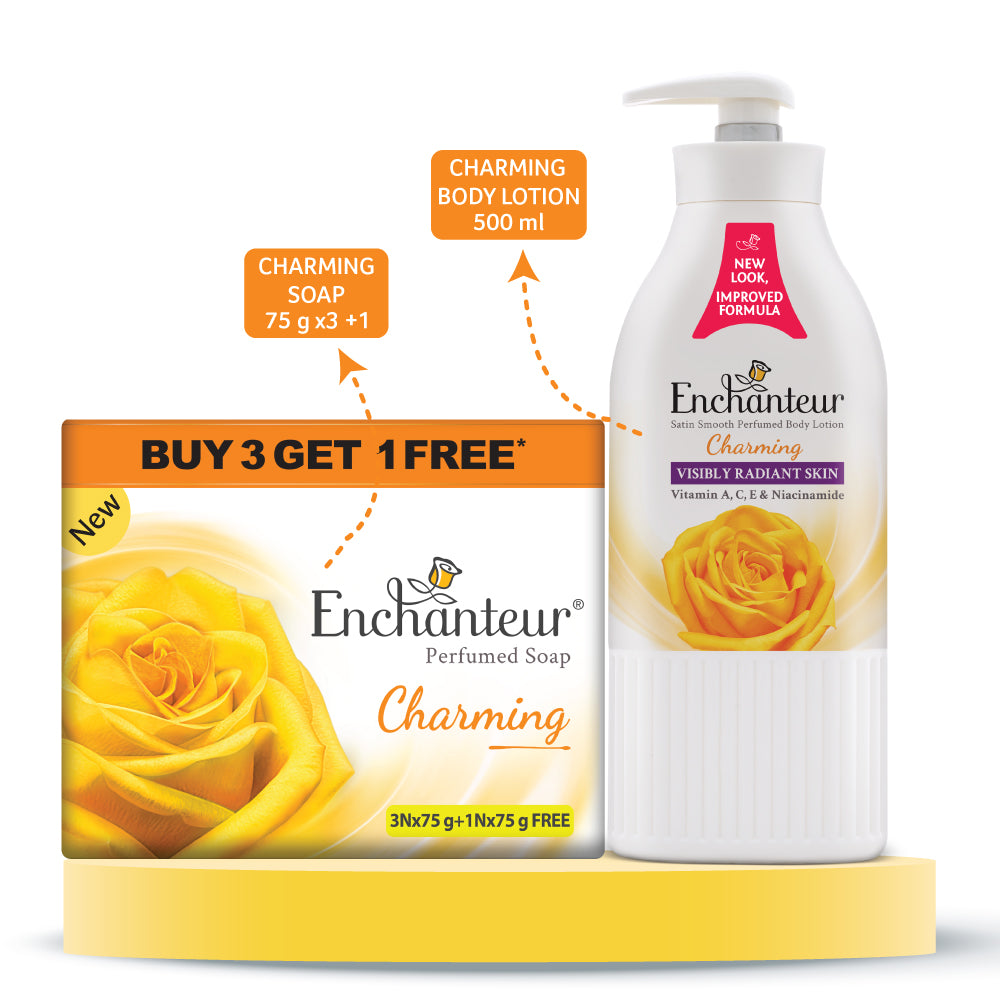Enchanteur Perfumed Charming Bathing Bar 75gms Pack of 3+1 & Charming Hand and Body Lotion 500ml