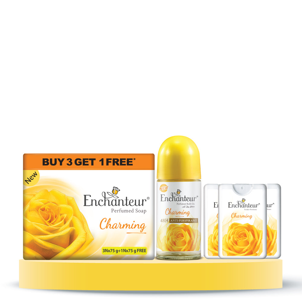 Enchanteur Perfumed Charming Bathing Bar 75gms Pack of 3+1 & Charming Roll-On Deodorant 50ml & Charming Pocket Perfume, 18ml (Pack of 3)
