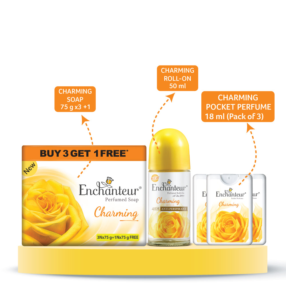 Enchanteur Perfumed Charming Bathing Bar 75gms Pack of 3+1 & Charming Roll-On Deodorant 50ml & Charming Pocket Perfume, 18ml (Pack of 3)