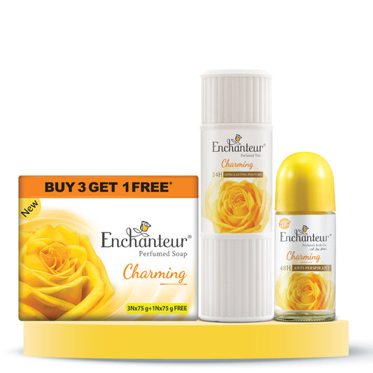 Enchanteur Perfumed Charming Bathing Bar 75gms Pack of 3+1 , Charming Talc 125gms & Charming Roll-On Deodorant 50ml