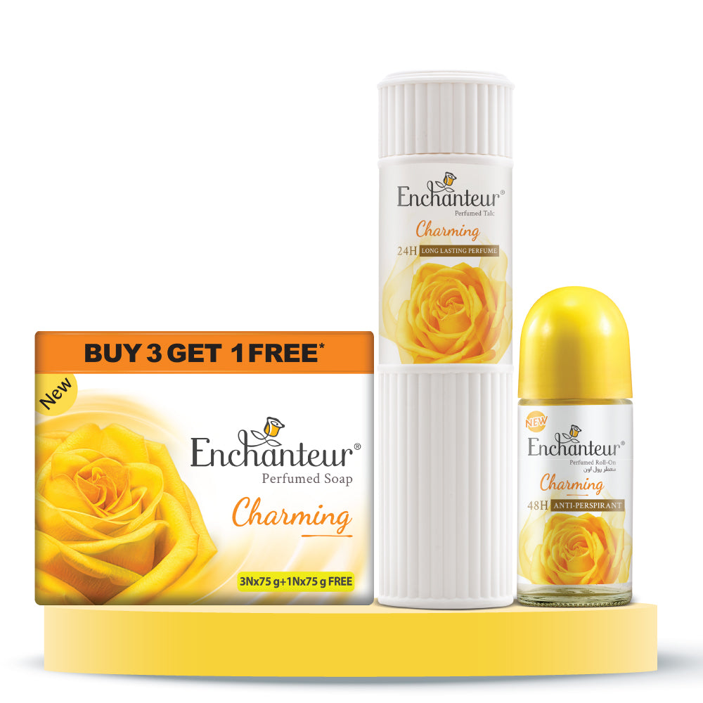 Enchanteur Perfumed Charming Bathing Bar 75gms Pack of 3+1 , Charming Talc 250gms & Charming Roll-On Deodorant 50ml