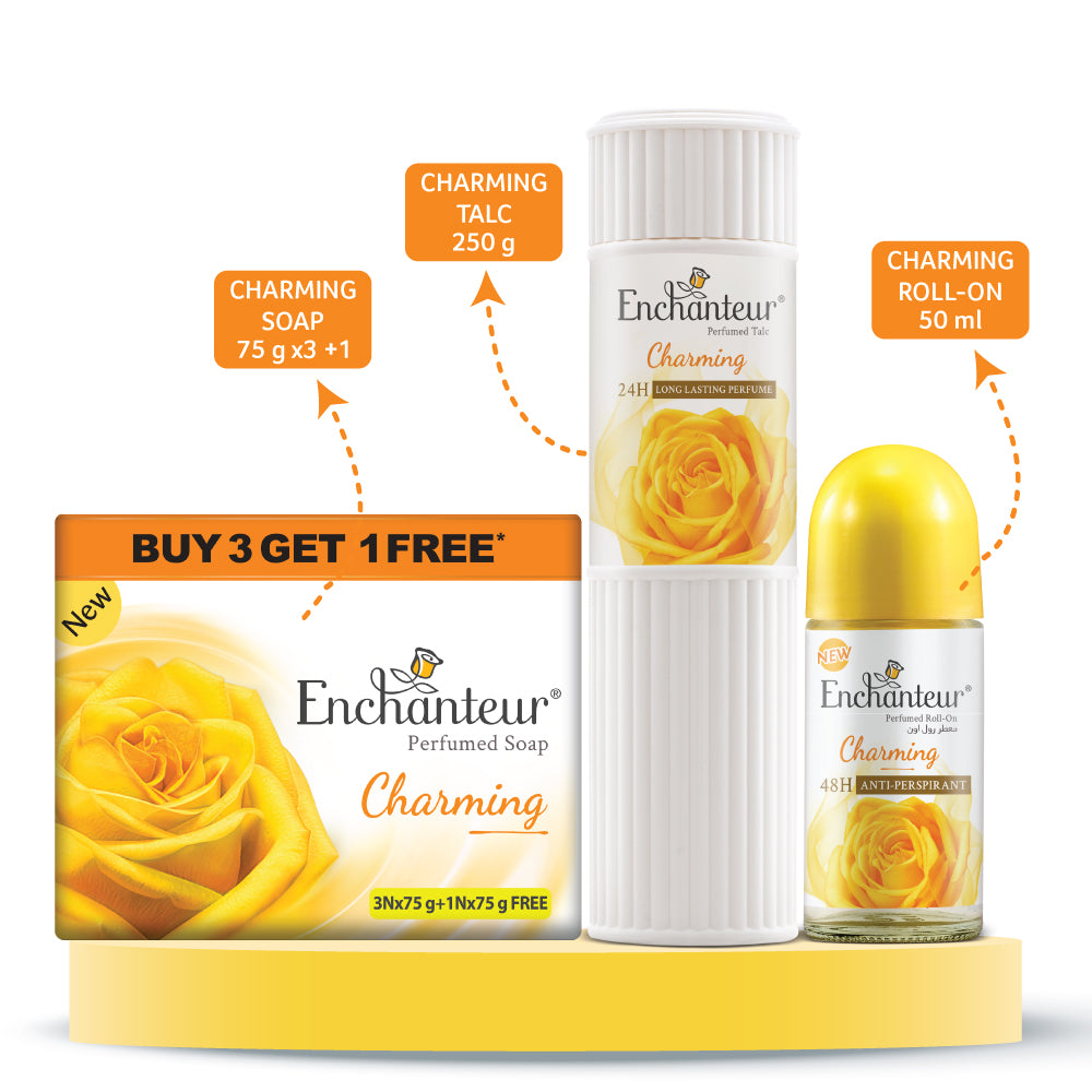 Enchanteur Perfumed Charming Bathing Bar 75gms Pack of 3+1 , Charming Talc 250gms & Charming Roll-On Deodorant 50ml