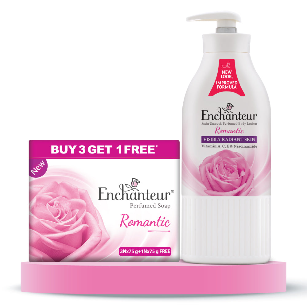 Enchanteur Perfumed Romantic Bathing Bar 75gms Pack of 3+1 & Romantic Hand and Body Lotion 500ml