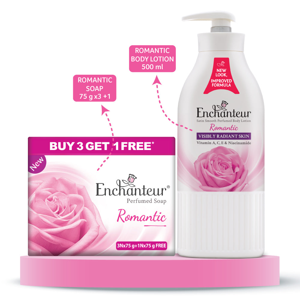 Enchanteur Perfumed Romantic Bathing Bar 75gms Pack of 3+1 & Romantic Hand and Body Lotion 500ml